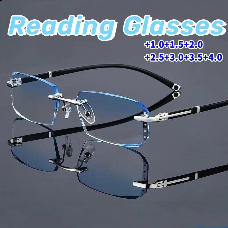 Quadratische Lesebrille mit Diamantschliff, Unisex, Blaulichtblockierung, rahmenlos, Presbyopie, Damen, trendige randlose Weitsichtbrille