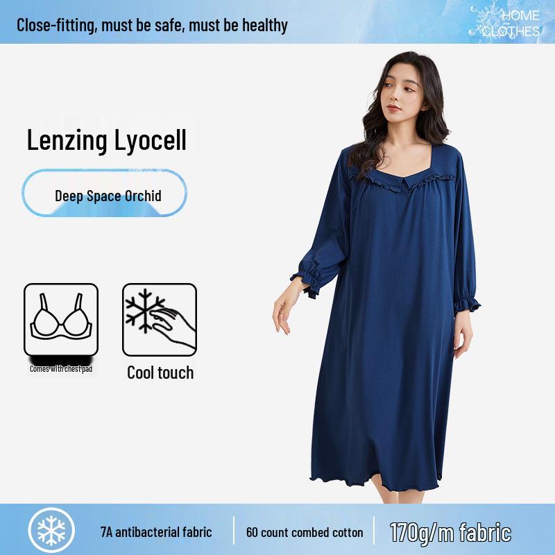 

Пижама из тенселя и хлопка больших размеров с бюстгальтером: Летняя ночная сорочка с длинным рукавом и охлаждающим эффектом для женщин L [120-140 Jin]