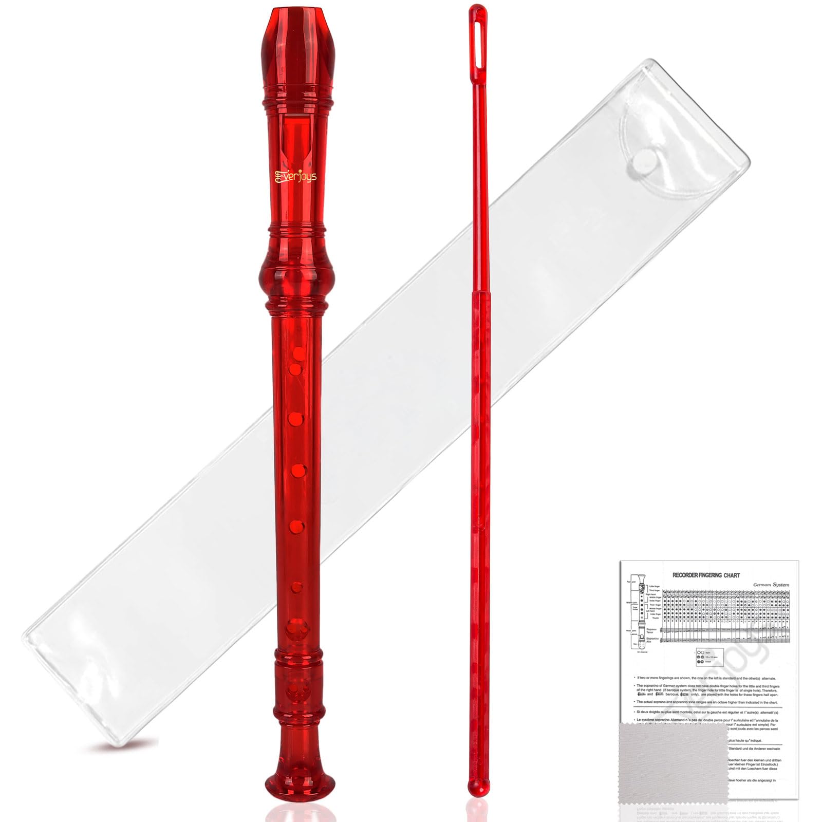 

Soprano German style C removable set of ABS crystal music recorder cleaning fingering transparent red recorder, key, 8-hole flute, 3, (with stick,