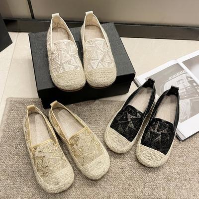 Spitze atmungsaktive Mode Fischer Schuhe Damen 2024 Frühling neu retro Leinen gewebte Slipper lässige flache Schuhe