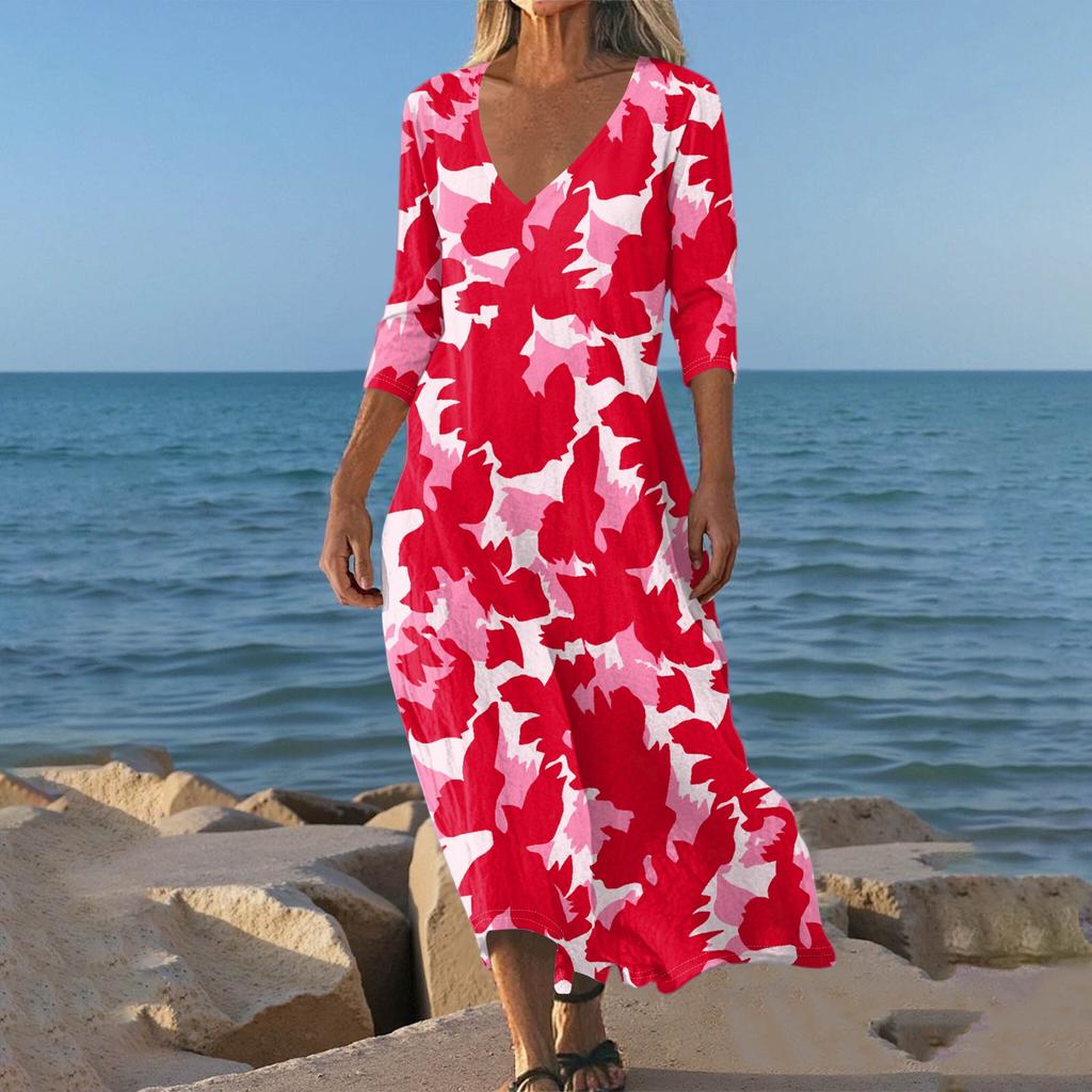 Sukienki Damskie Sukienka Midi z Tuniką w Stylu Vintage z Nadrukiem, z Wcięciem w Talii, Letnia Codzienna Sukienka z Rękawem 3/4