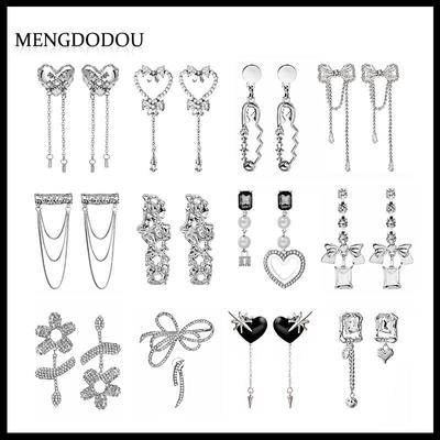 Silver Needle Heart Tassel Earrings with Full Diamond and Dark Water Drop Design for Women
