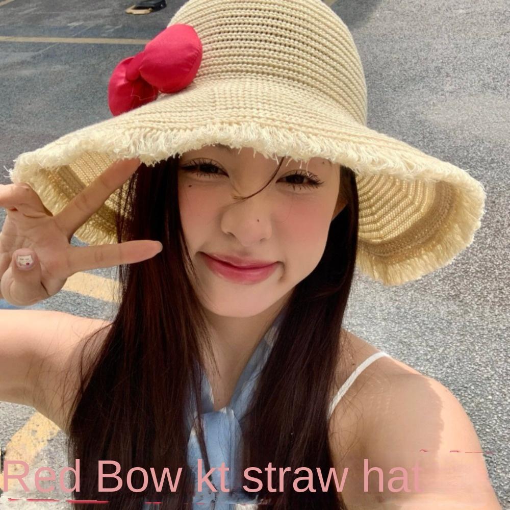 Breathable Big Bowknot Sun Hat Sweet Lace Brim Sunshade Cap Summer Woman's Straw Hat  Outdoor