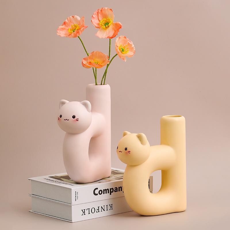 Cute Cat Letter Vase OrnamentTubular Cat Vase Craft Ornament Vase Cat Art