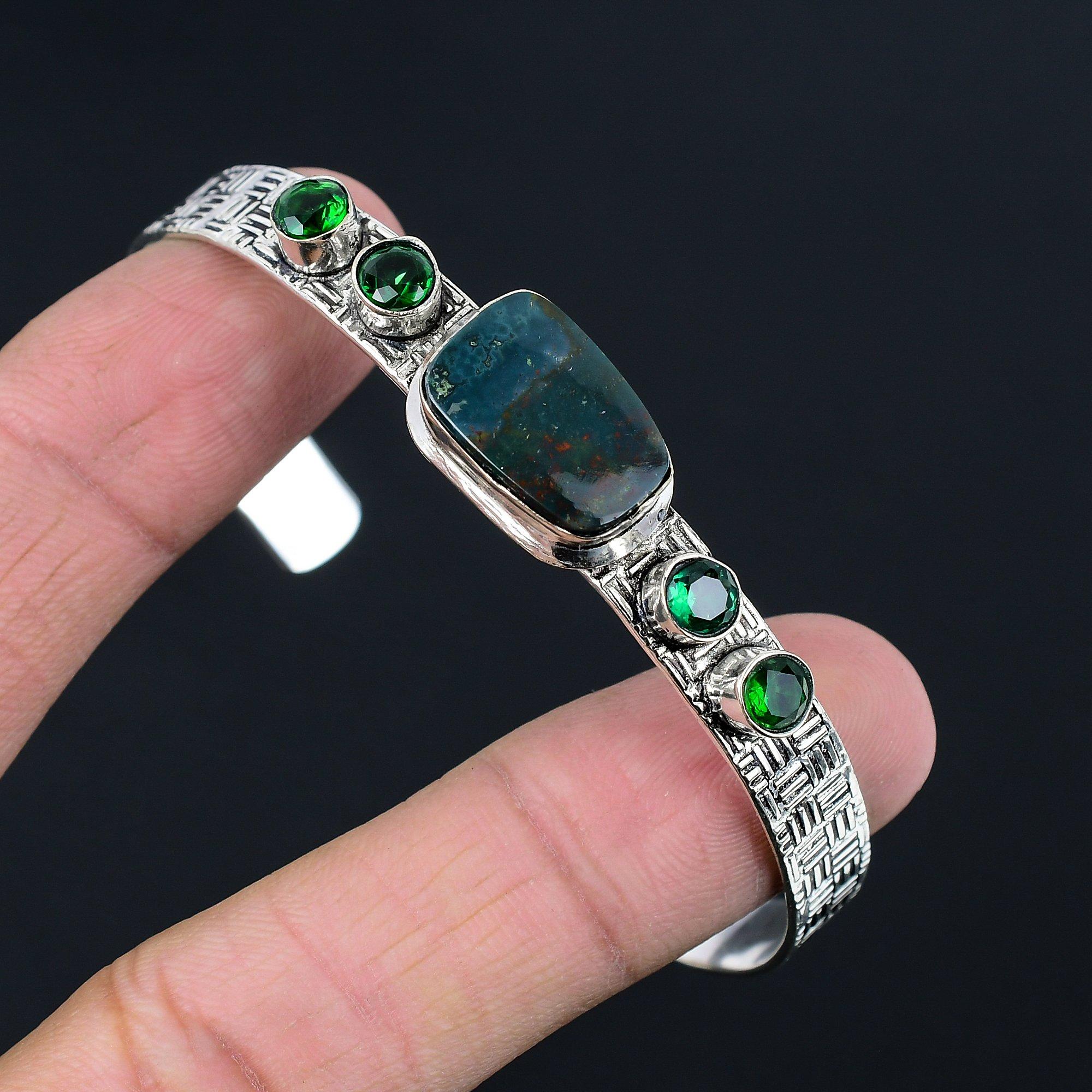 

Natural Bloodstone Chrome Diopside March Birth Unique Bangle 925 Sterling Silver Adjustable