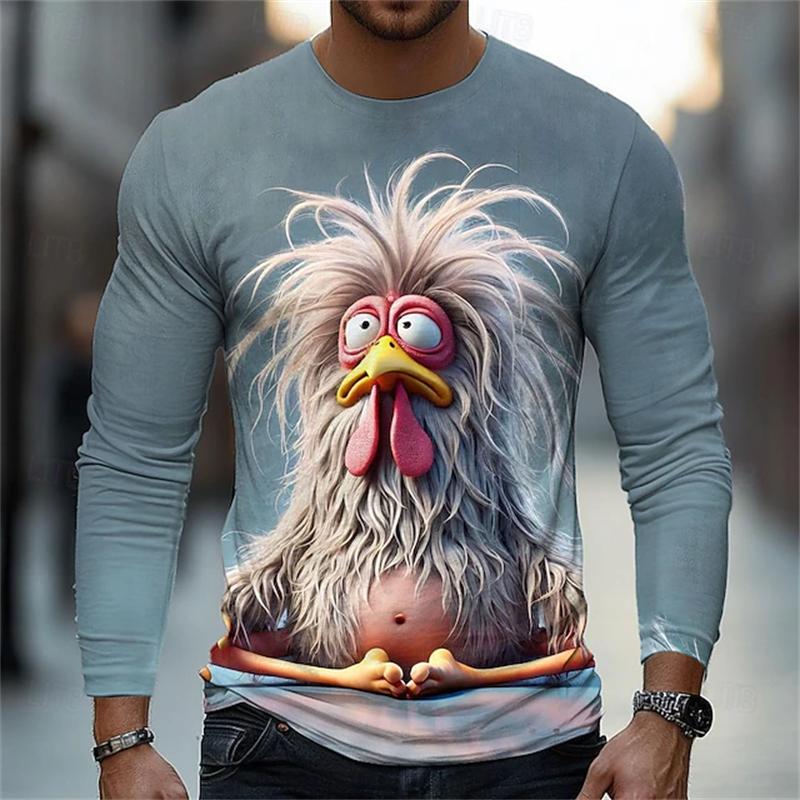 Lustiges Huhn 3D-Druck Langarm-T-Shirt, Streetstyle, Lockere Passform, Herren Harajuku-Stil, Rundhals Oversize-T-Shirt