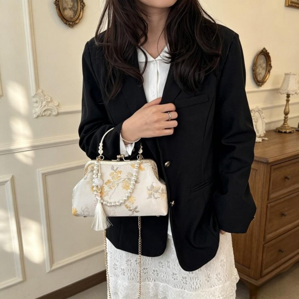 Shoulder Bag Women Cloth Embroidery Floral Chain Strap Daily Commute