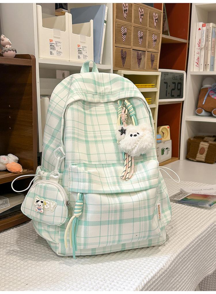 Schoolbag Soft Mist Milk Blues Healing Textured Plaid Middle School Backpack Women's Milk Huhu Sweet Soft Sister Travel Small Backpack