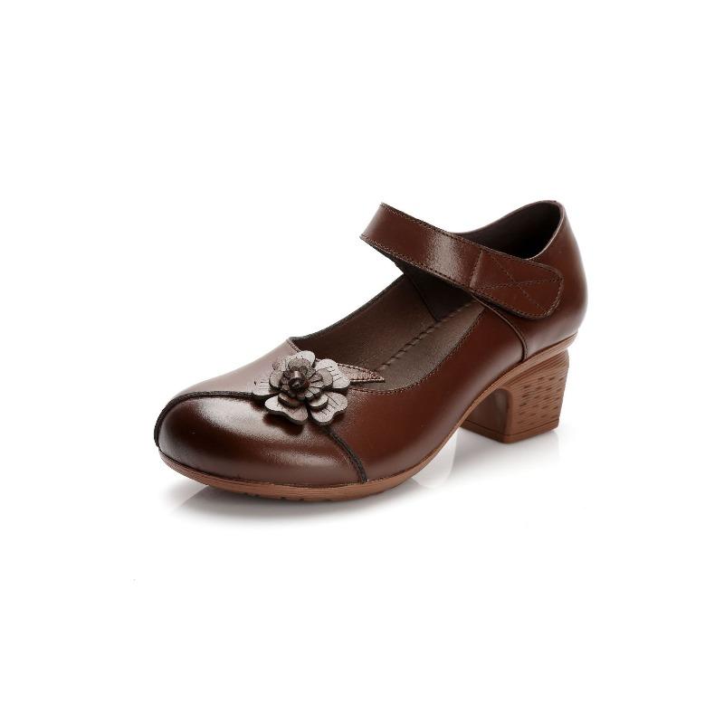 Leather shoes retro literary women's shoes pure cowhide medium heel shallow mouth single shoes medium Mary Jane mother shoes
