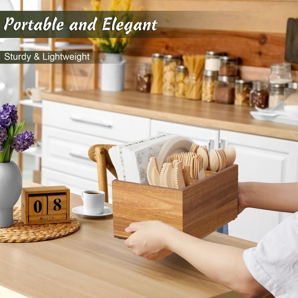 DRASTAR Acacia Wood Utensil Tray with 4 Compartments Built-In Napkin Holder Handcrafted Cutlery Organizer for Kitchen Table Party Picnic Versatile