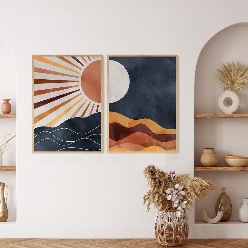 Sun and Moon Boho Abstract Day Night Desert Nature Landscape Neutral Wall Art Posters Prints Canvas Painting for Room Home Decor