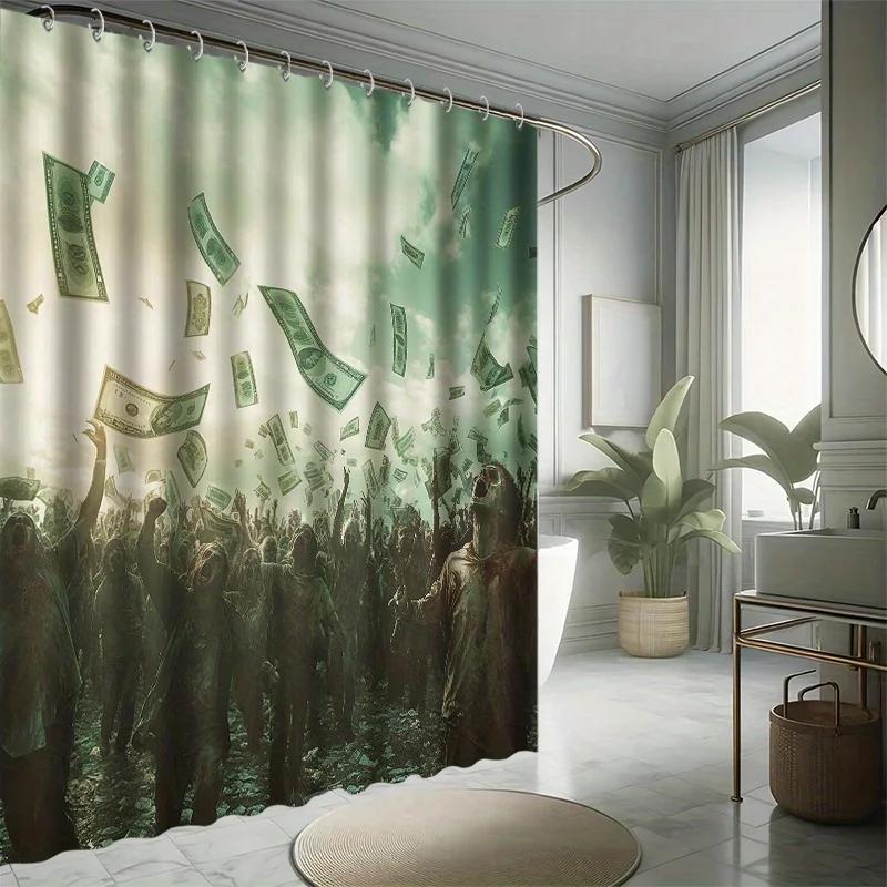 Zombie Rain of Money Shower Curtain Set, Water-Resistant Polyester, Bathtub Partition, Fantasy Bathroom Decor, All Seasons W90xH180cm
