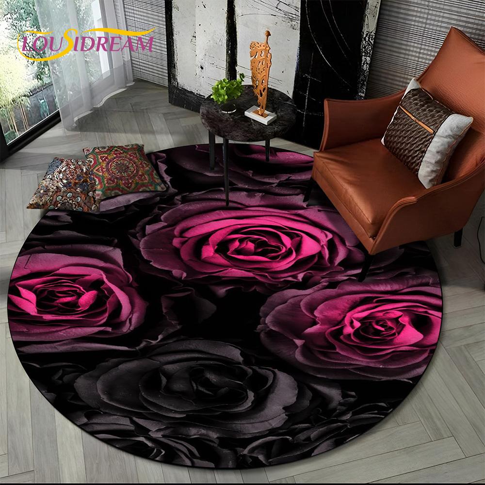 3D Dream Flower Rose Daisy Nordic Round Carpet Rug for Living Room Bedroom Child Playroom Chair Decor,Pet Area Rug Non-slip Mat