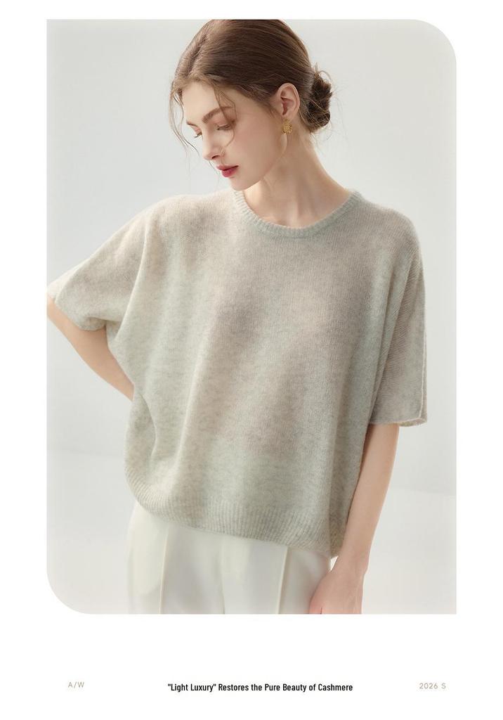 Lekasha Women's Cashmere Goat Wool Relaxed Round Neck Short Sleeve Base Layer Top