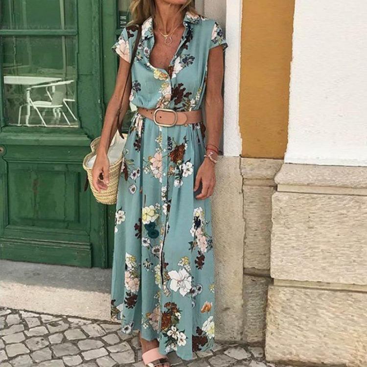 Bohemian Resort Long Dress for Women Ethnic Printed V-Neck Tie Button Retro Style S зелёный