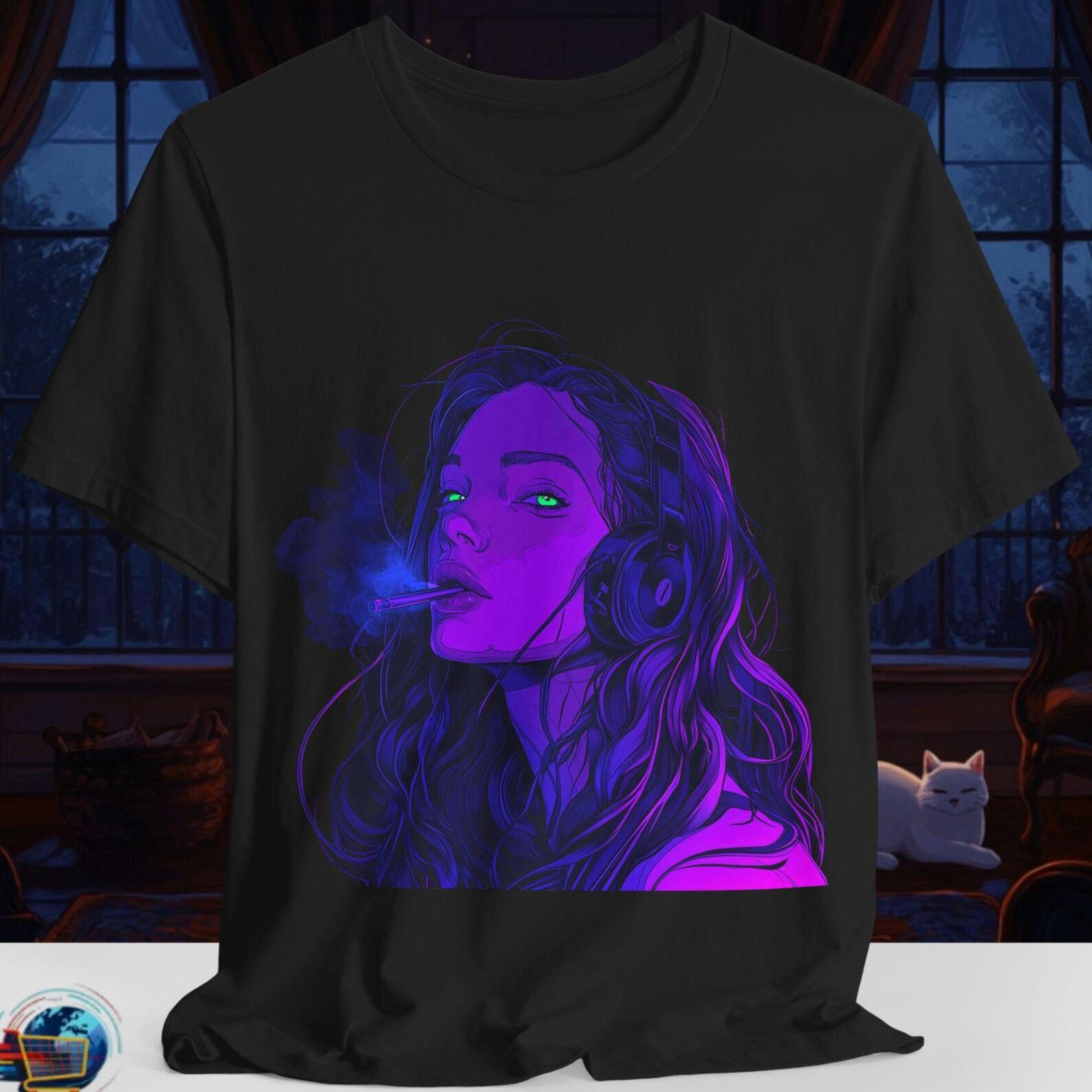 Cyberpunk Girl Shirt | Vaporwave Aesthetic Tee Shirt | Neon Smoking Woman Apparel | Edgy Retro Graphic Tee | Bella Canvas S to 3XL M