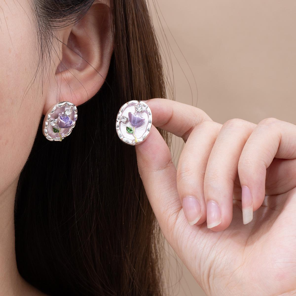 

French Retro Diamond-Set Flower Stud Earrings Women S Oil Painting Style Palace Light Luxury Fashion Temperament Fresh Earrings