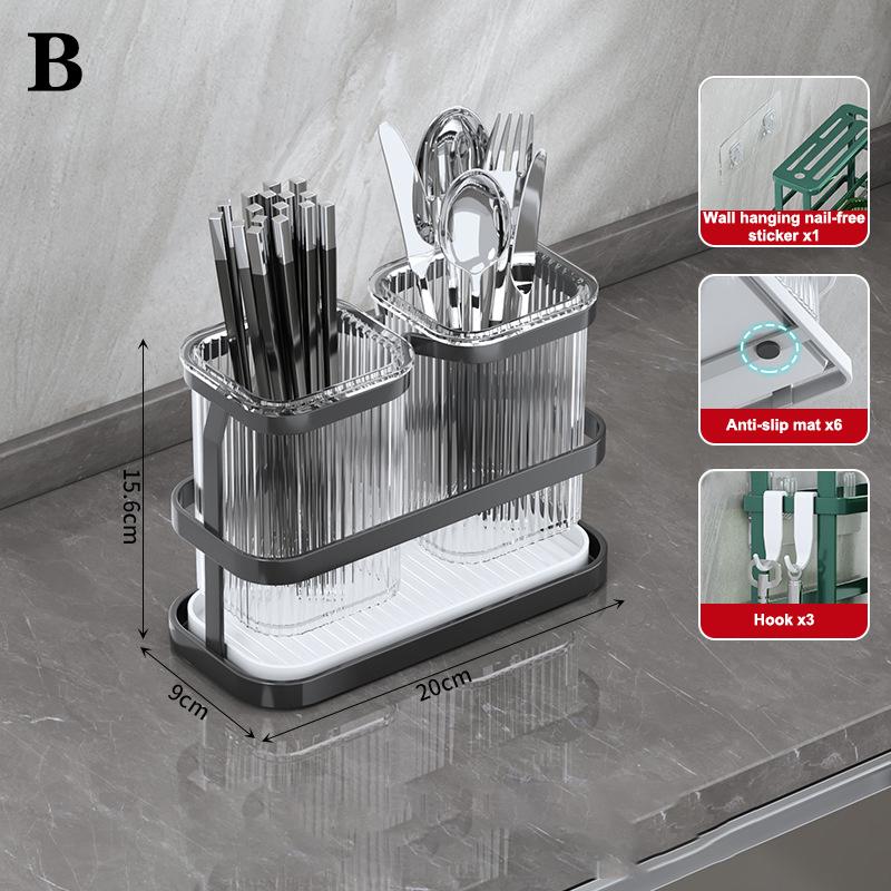 Wall Mounted Kitchen Cutlery Organizer Knife Spoon Fork Chopstick Drain Rack Drainer Utensil Kitchen Storage Punching Free