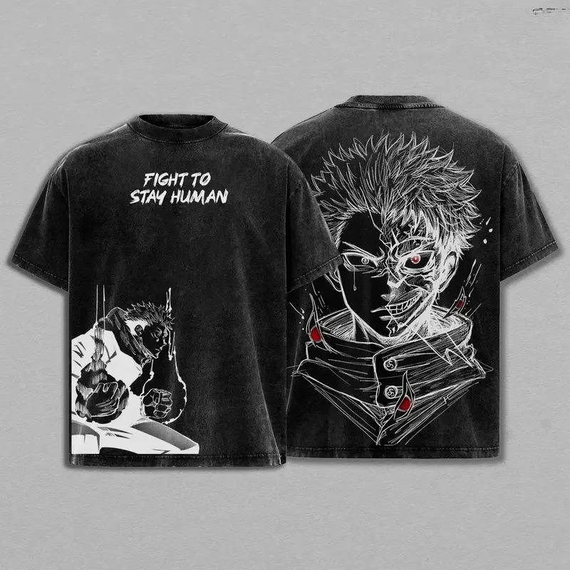 Itadori Yuji Print T-shirt Anime Jujutsu Kaisen Clothing Men Women Cotton Tshirts Retro Washed T Shirt Harajuku Male Casual Tops