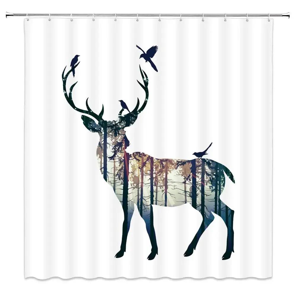Cortina de ducha de ciervo Silueta de animal colorida Elementos navideños Tablones de madera Tema Tela Tejido Juego de decoración de baño con ganchos