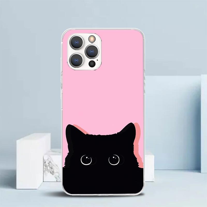Cartoon Cute Black Cat Phone Case For IPhone 16 17 Air 16E 15 14 Plus 13 Mini 12 11 Pro Max 7 8 + SE 2020 Soft TPU Back Cover 16