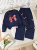 Girls' Trendy & Cute Casual 2-Piece Set: Bow-Accent Crewneck Sweatshirt and Loose Wide-Leg Straight-Cut Trousers (Autumn/Winter)