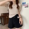 Dámské letní tenké pruhované hedvábné tričko s krátkým rukávem a vysokým pasem