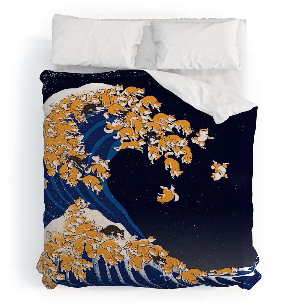 Cartoon Shiba Inu King Queen Bedding Set Yellow Pet Puppy Duvet Cover Cherry Blossoms Tree Quilt Cover Polyester Comforter Cover