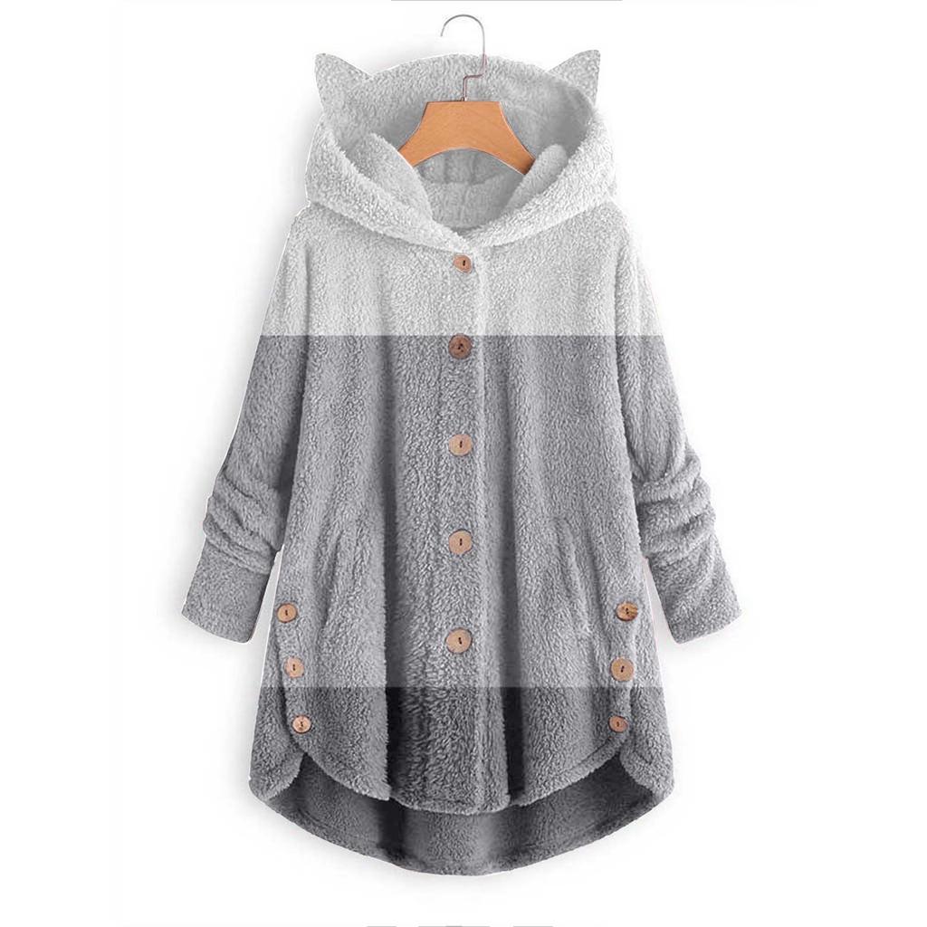Damen Knopf Kapuzenpullover mit Taschen Katzenohren Plüschtop Unregelmäßiger Druck Spleißjacke