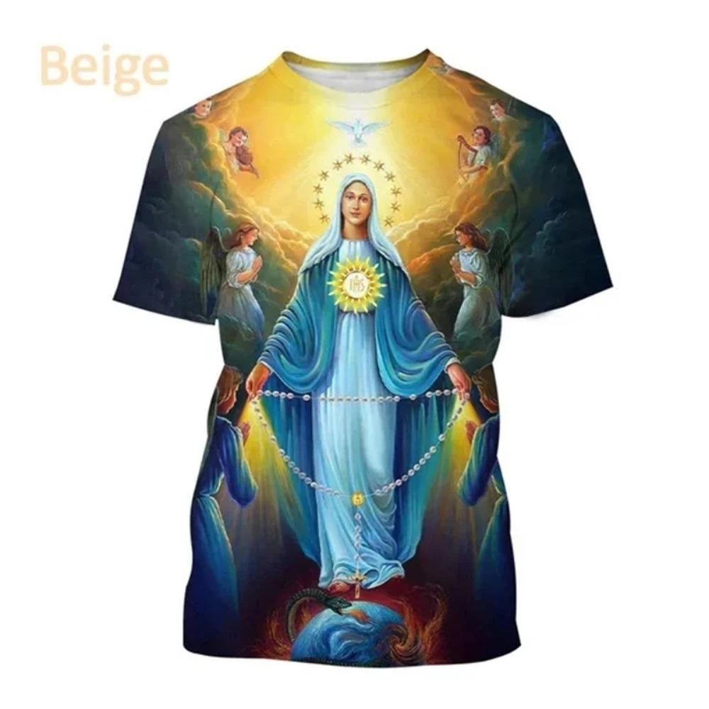 Summer Fashion Virgin Mary 3D Printing Christian Mother Of God Pattern Short Sleeved Unisex Street Faith Casual T-Shirt