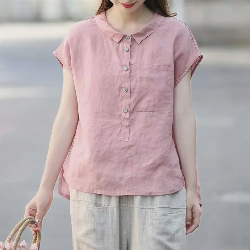 Women's 2024 Summer Retro Loose Cotton & Linen Mid-Sleeve Doll Collar Shirt