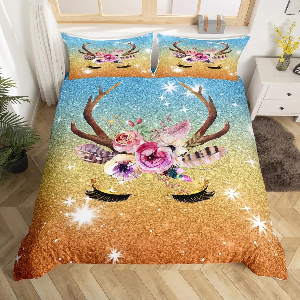 

Unicorn Eyelas Duvet Cover Gradient Red And Purple Rainbow Golden Long Lashes Glittering Polyester Bedroom Decorations Women Kid EU Single(135*200cm)3pcs