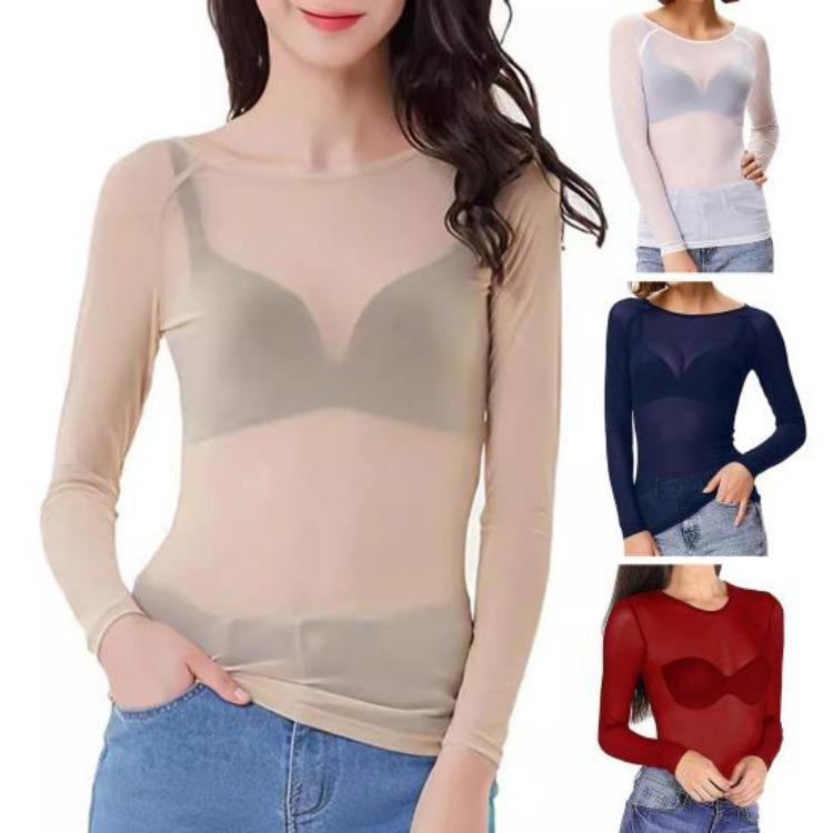 Women See Through Mesh Top Long Sleeve Slim Fit Shirt Sexy Clear Gauze O Neck Sun Protection Tops