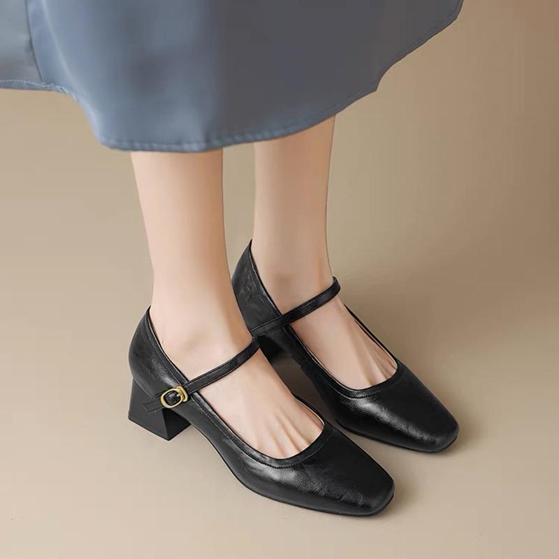 

Мода 2025 Лето Туфли на высоком каблуке Лаконичные Бордовые Офисные Туфли Женские Металлическая Пряжка Ремешок Леди Милые Туфли Джейн 35 чёрный