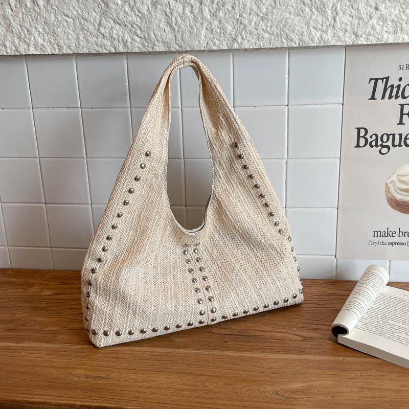 

Summer New Straw Woven Bag With Unique Studs Women Stylish Shoulder Bag Large Capacity Casual Commuter Bag Simple Underarm Bags 37x12x19cm