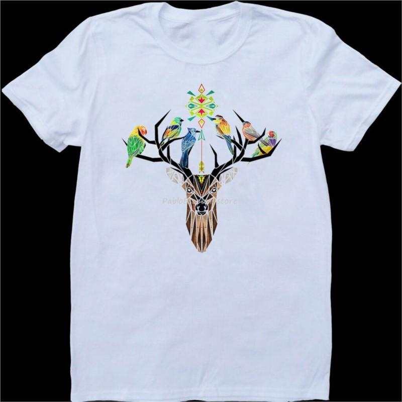 

men cotton tshirt male teeshirt Deer Birds White Custom Made MenS TShirt Customize Tee Shirt men oneck brand teeshirt S