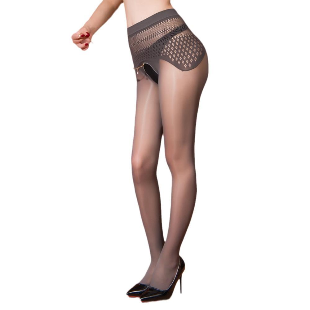High-Waist Black Mesh Crotchless Stockings with Pearl Pendant