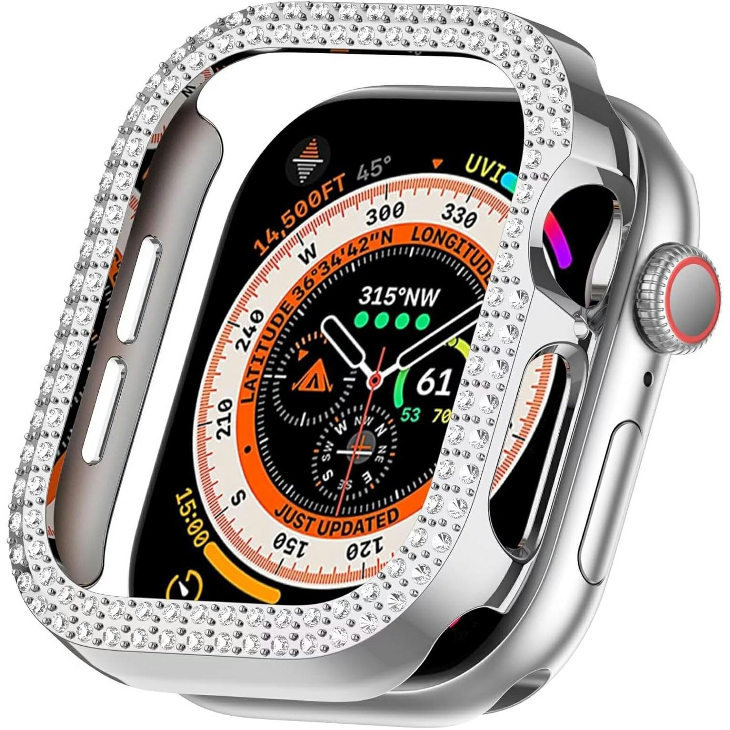 

For Apple Watch Series 10 46mm PC Case Hollow Design Rhinestone Decor Watch Frame Cover Silver