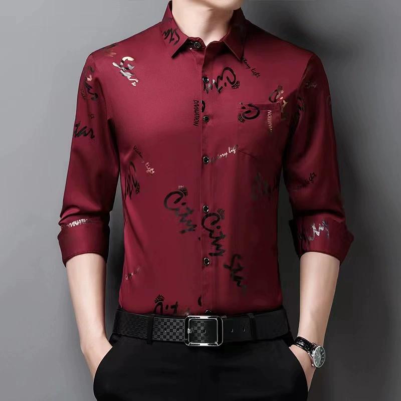 Men's Long Sleeved Casual Shirt Spring and Autumn Fashion Korean Version Slim Fit Shirt Men's Printed Letter Top