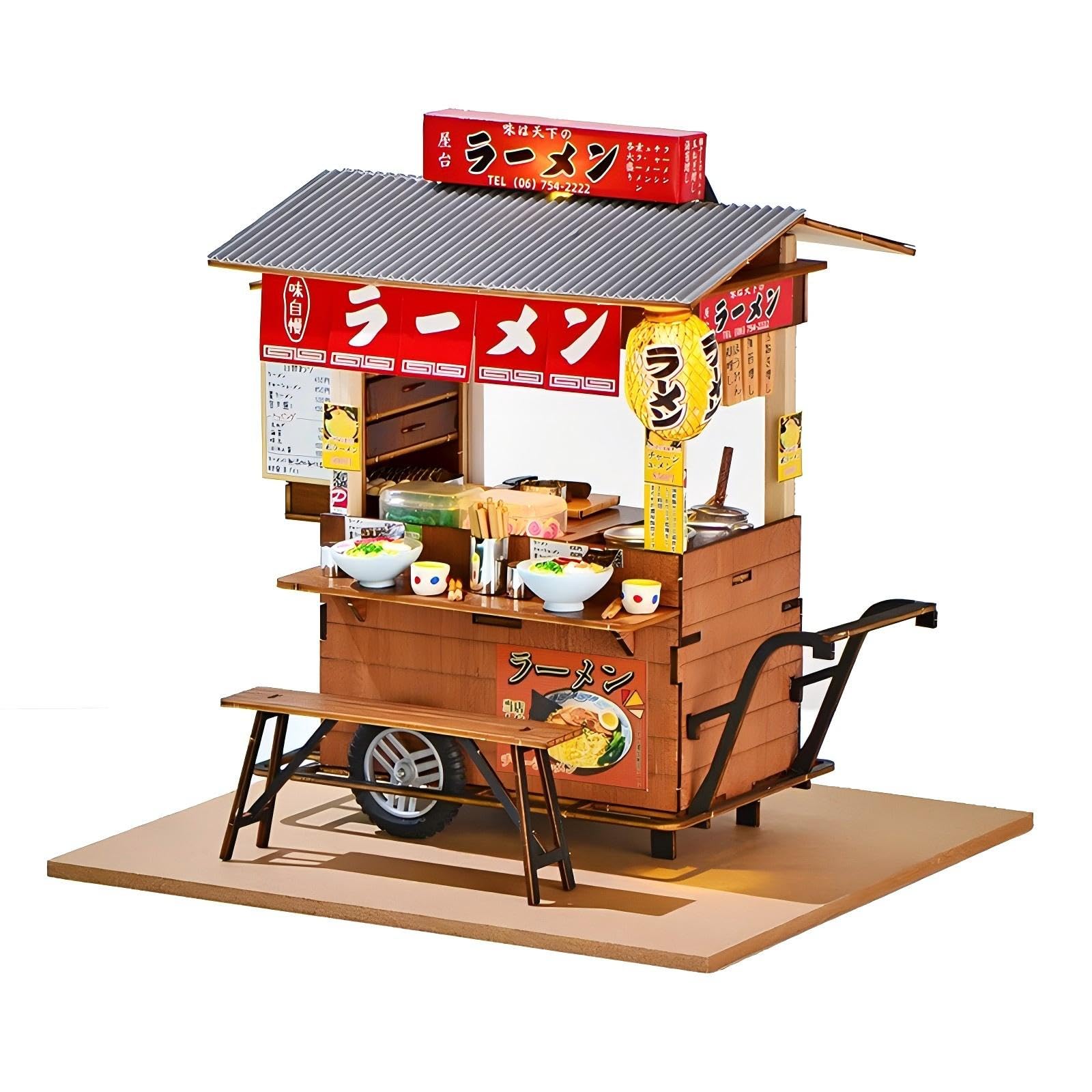 

SILK ROAD DIY Wooden Handmade Japanese Ramen Stall Model Kit with LED for Japanese Style Educational New Christmas Gift Dollhouse, Lights, Beginners,