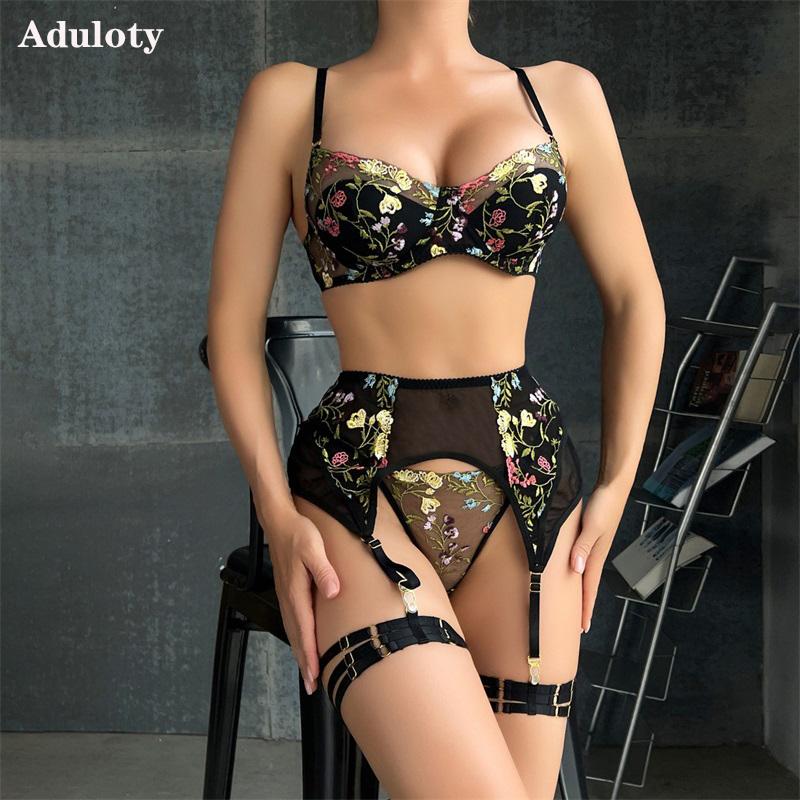 

Aduloty женское эротическое белье летний продукт с вышитой цветочной лозой модное сексуальное нижнее белье на косточках сборный бюстгальтер с подвязками 3 шт.
