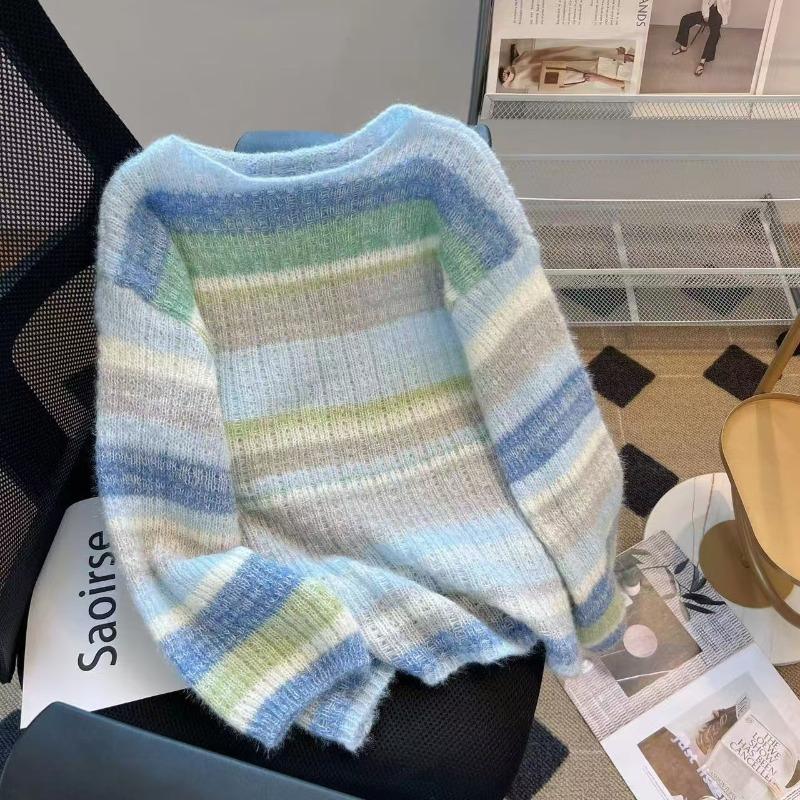 Creamy Rainbow Strips Gentle Wind Mohair Versatile New Lazy Loose Soft Waxy Sweater Top