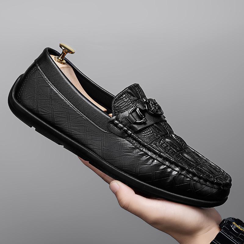 Flat-bottom Men's Leather Loafers, Round-toe Men's Casual Shoes, Soft Surface Full-grain Canvas Shoes, Classic Retro Summer Prom