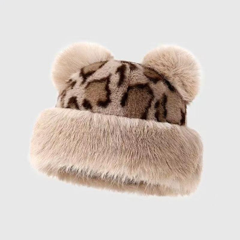 

Ретро леопардовый принт плюшевые кошачьи ушки шапка-бини женская монгольская шапка утолщенная шапка зимняя теплая пушистая меховая панама