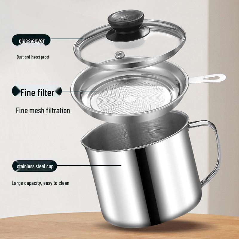 Stainless Steel Oil Filter Cup with Lid, Large Capacity for Kitchen Filtering and Storage