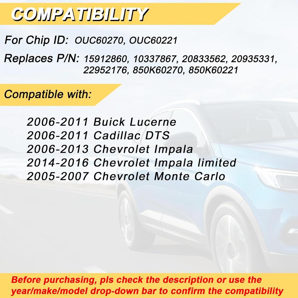 Key Fob Replacement for 2006-2013 Chevrolet Impala/ 05-07 Monte Carlo/ 06-11 DTS & Buick Lucerne Car Keyless Entry Remote Control, OUC60270 OUC60221,