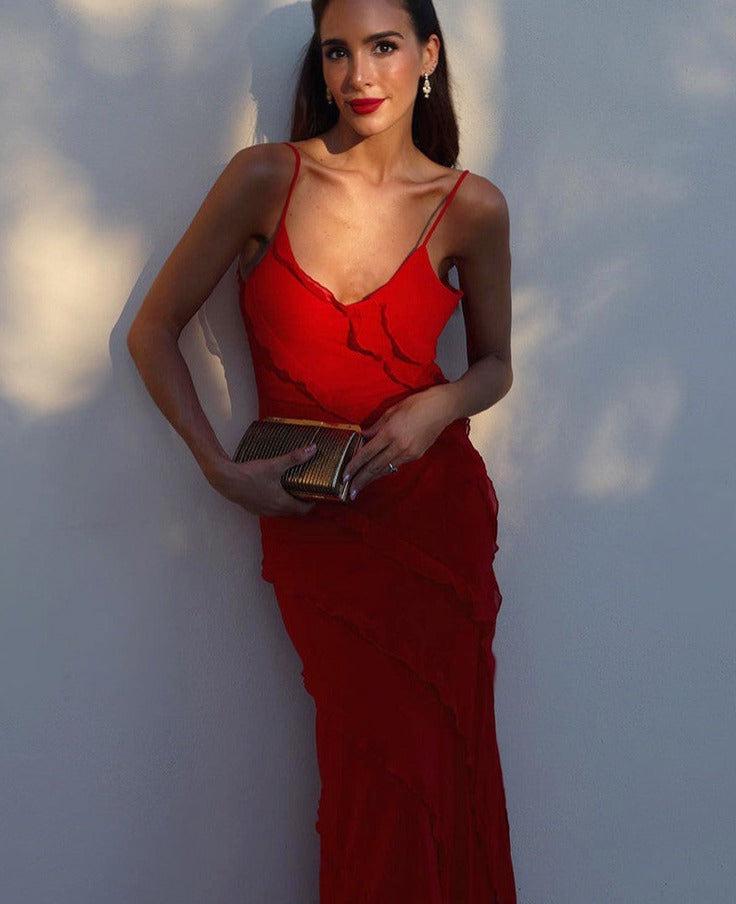 2023 Spring/Summer Backless Spaghetti Strap U-Neck Off-Shoulder Wavy Bodycon Side Slit Maxi Dress