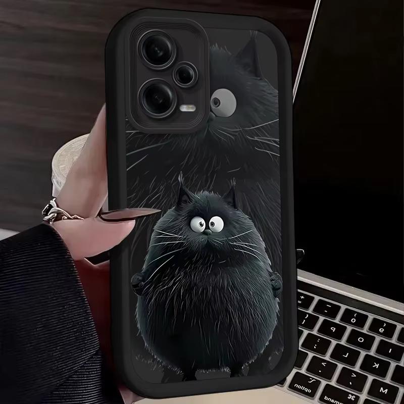 Funny Black Plush Cat Cute Phone Case For Redmi Note 13 12 Pro Plus 5G 13 12 Pro 4G 5G 11 10 Pro 12S 5G 11S 10S Redmi 13C 12 5G