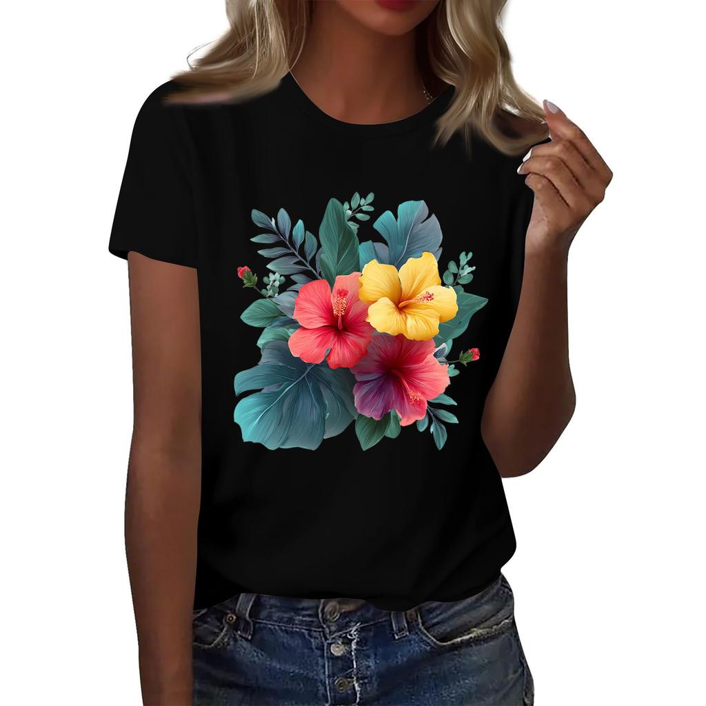 Women's Fashion Casual Printed Round Neck Short Sleeved T-Shirt Top T-Shirt Top Top