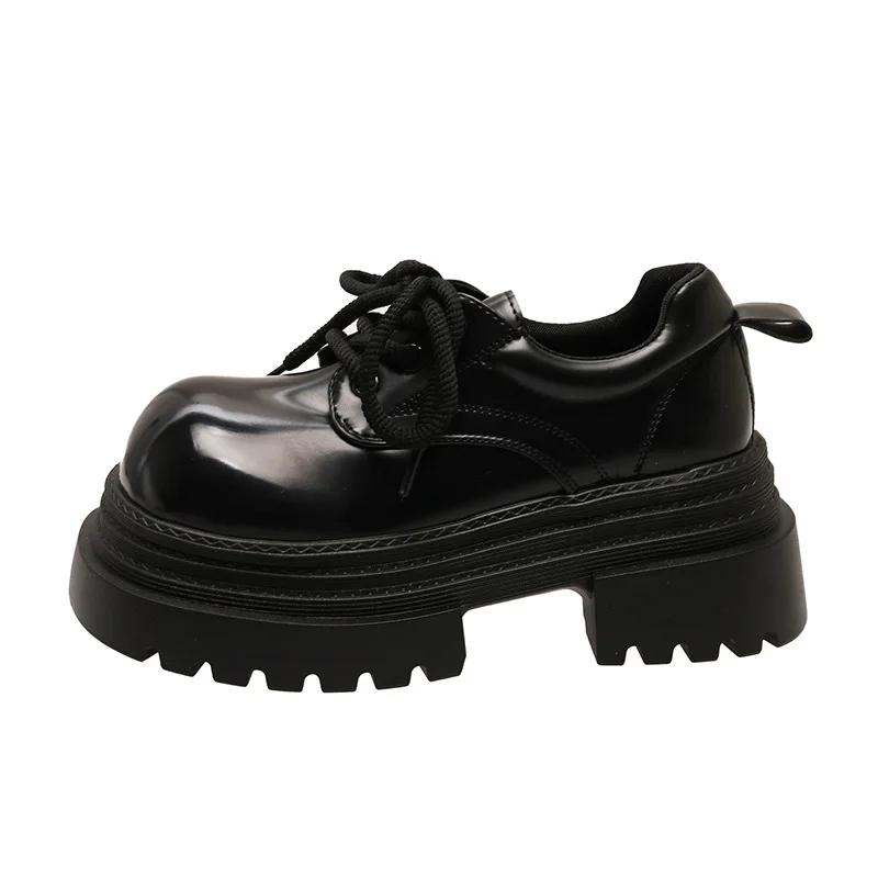 Women's Chunky Heel Single Shoes Female British Style Square Head Loafers Casual New Thick Heels Dress Lace-up Leather Pumps